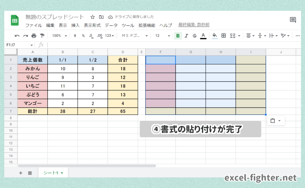 Googleスプレッドシートで書式のみコピー貼り付けする４つの方法/ ツールバーの[書式を貼り付け]ボタンを使用する 