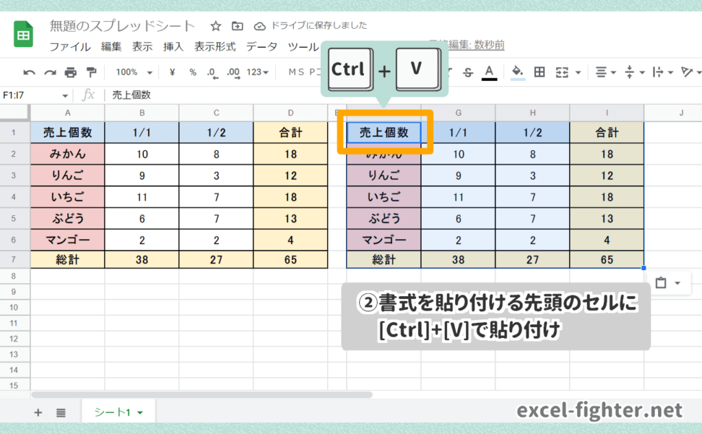 Googleスプレッドシートで書式のみコピー貼り付けする４つの方法/通常貼り付け後のオプションボタンを使用する